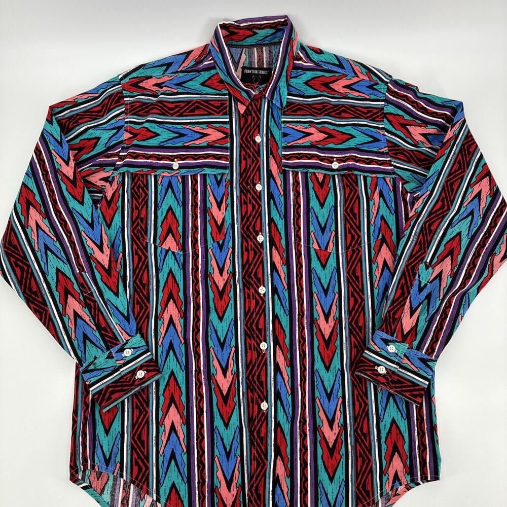 Vintage Frontier Series Shirt Men Medium Geometric Aztec Western Cowboy 90s